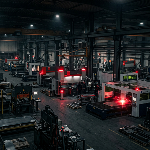 Precision sheet metal manufacturing floor with CNC machines and laser cutting equipment